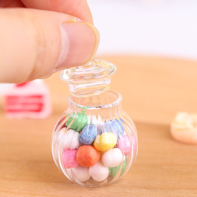 1PC 1:12 Dollhouse Miniature Round Glass Bottle Candy Jar Mini Candy Bottle Model