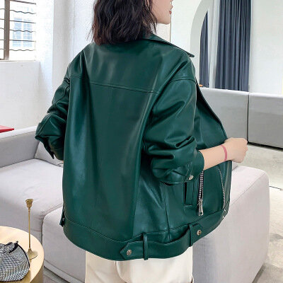 Genuine Sheep Leather Jacket para as Mulheres, Loose Real Leather, Locomotive Jacket, One Piece Promoção, Frete Grátis, Novo