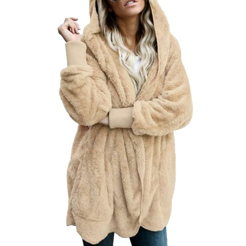 Abrigo con capucha de piel sintética para mujer, cárdigan peludo, cálido, moda de invierno
