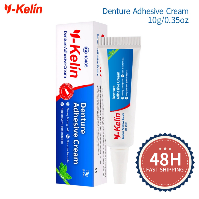 Creme adesivo para dentadura dentada y-kelin, 10g/0.4oz, tamanho de amostra, para segurar o dia inteiro, fórmula de zinco, cola para dentes falsos