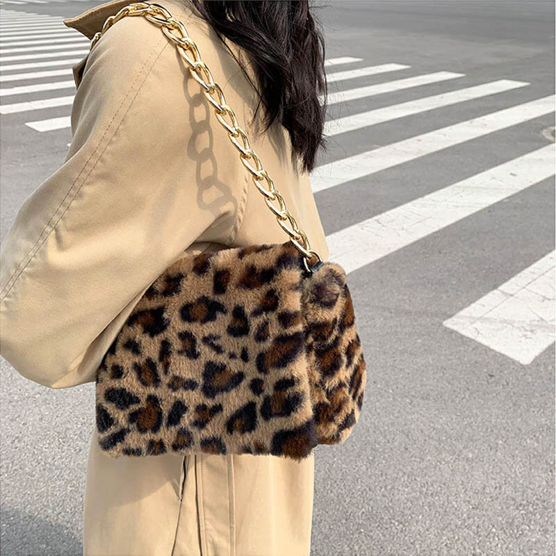 Sac à main de luxe imprimé léopard pour femmes, sacs à bandoulière avec chaîne épaisse, petits sacs carrés en peluche de styliste, 2021