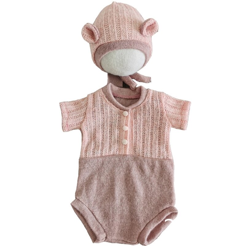 2Pcs ทารกแรกเกิดการถ่ายภาพ Props ชุดลูกไม้ Romper ชุดหมวกถักชุดเสื้อผ้าทารกถ่ายภาพของขวัญ