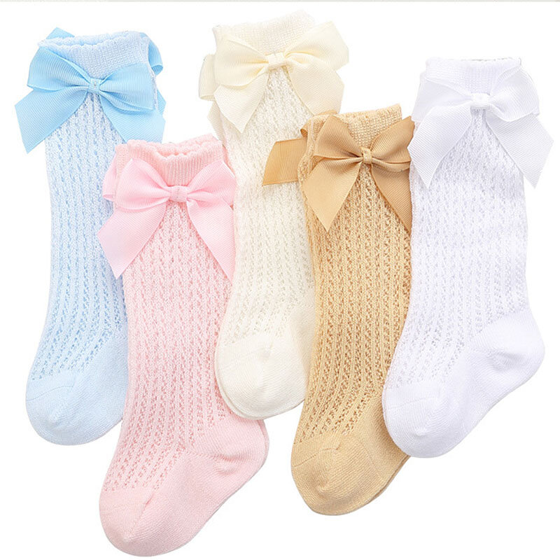 Meias infantis femininas de 0 a 2 anos, meias longas e respiráveis de malha para verão, cor pura, meias até o joelho com laço, moda