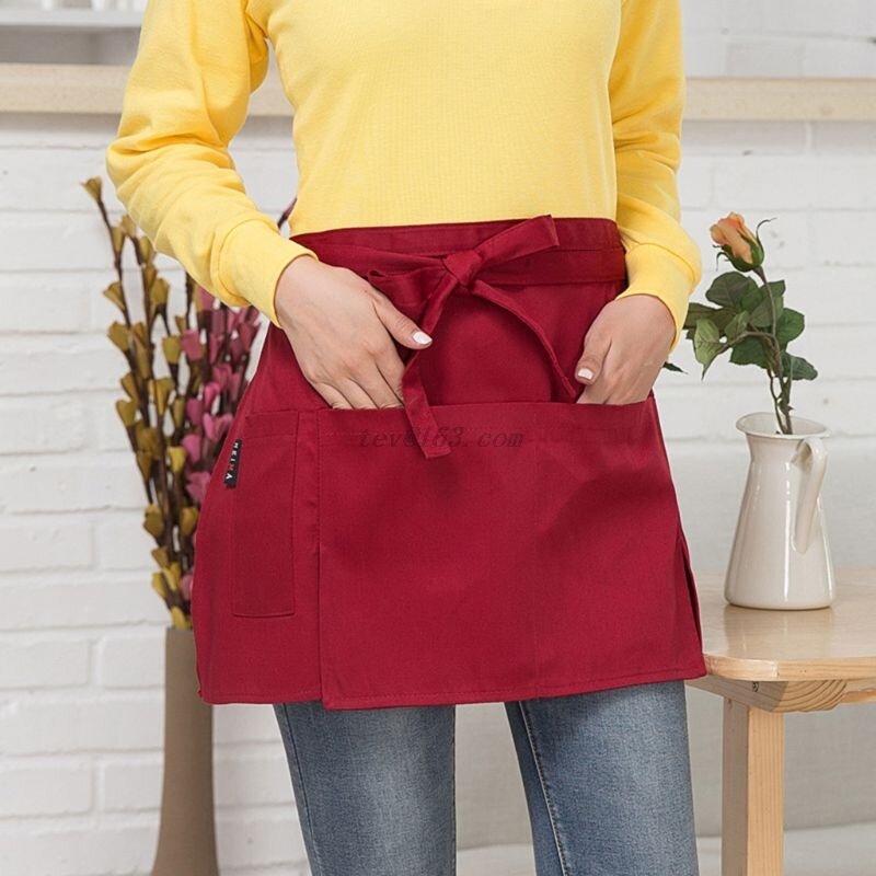 Homem feminino cozinha restaurante avental cintura cor sólida meio curto avental ajustado com bolsos caneta loops para servidor garçom garçonete