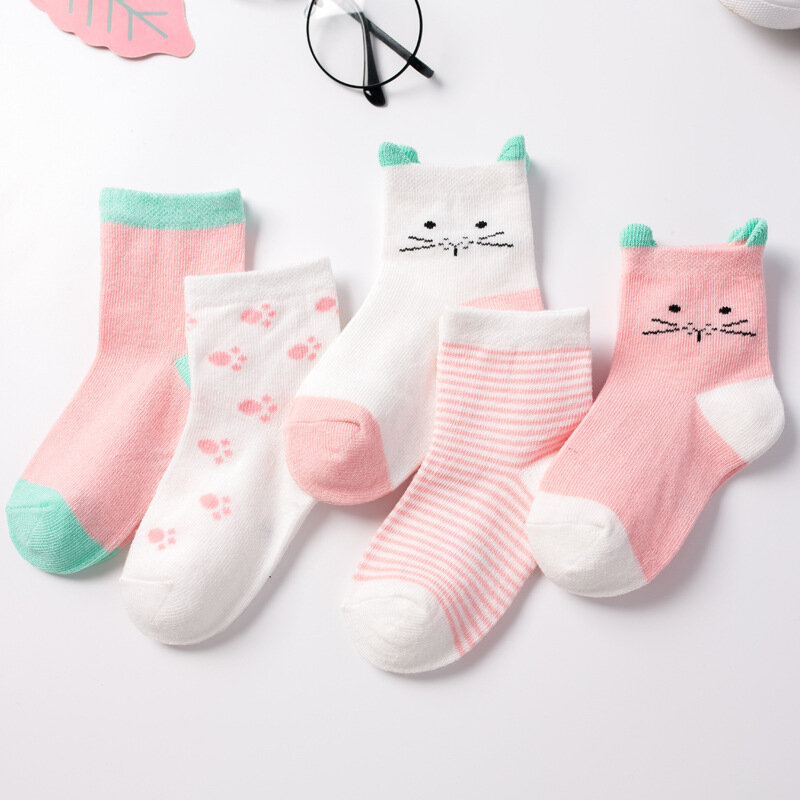 5 Pairs/Lot Children Cotton Socks Boy Girl Baby Autumn Spring Striated Stretchy Kids Socks Soft Cute Cartoon Socks for 0-8T