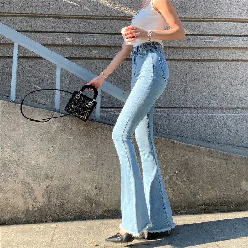 Женские повседневные обтягивающие джинсы с высокой талией, расклешенные Винтажные эластичные брюки в стиле High Street, женские шикарные обтягивающие джинсовые брюки