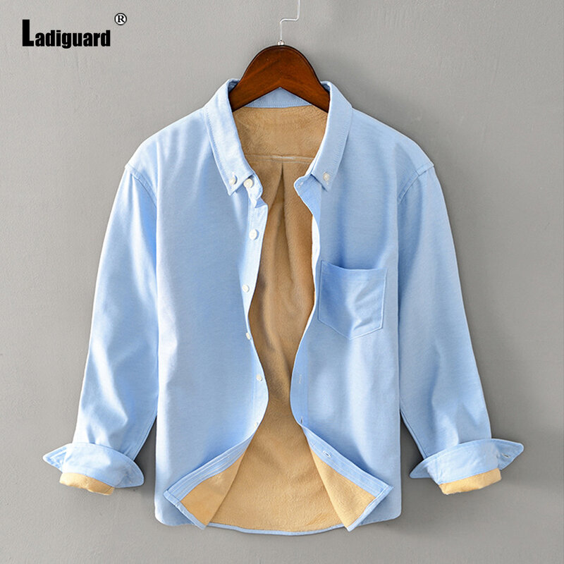 하라주쿠 2021 패션 두꺼운 플러시 셔츠 플러스 사이즈 남성 겨울 따뜻한 블라우스 Lepal Collar 기본 탑 캐주얼 남성 벨벳 아웃웨어