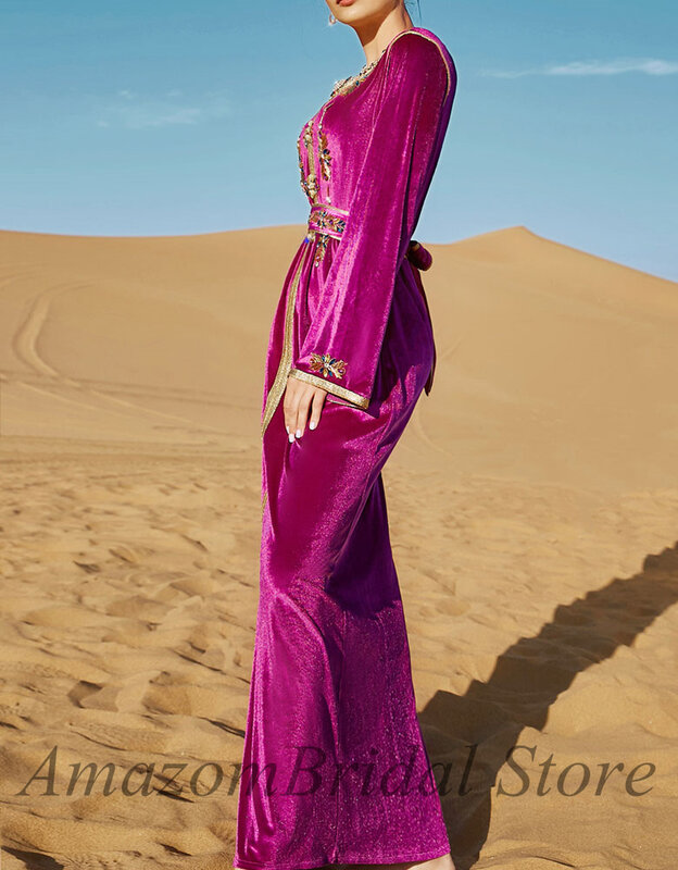 Robe de soirée en velours pour femmes, tenue de soirée longue, cousue à la main, avec diamants, style arabe saoudien