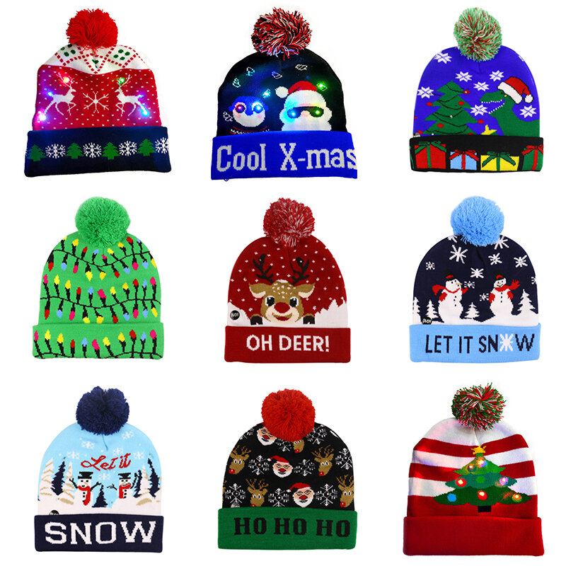 Ledクリスマス帽子セーターニットビーニークリスマスライトアップニット綿帽子クリスマスギフト子供のためのナヴィダード新年の装飾