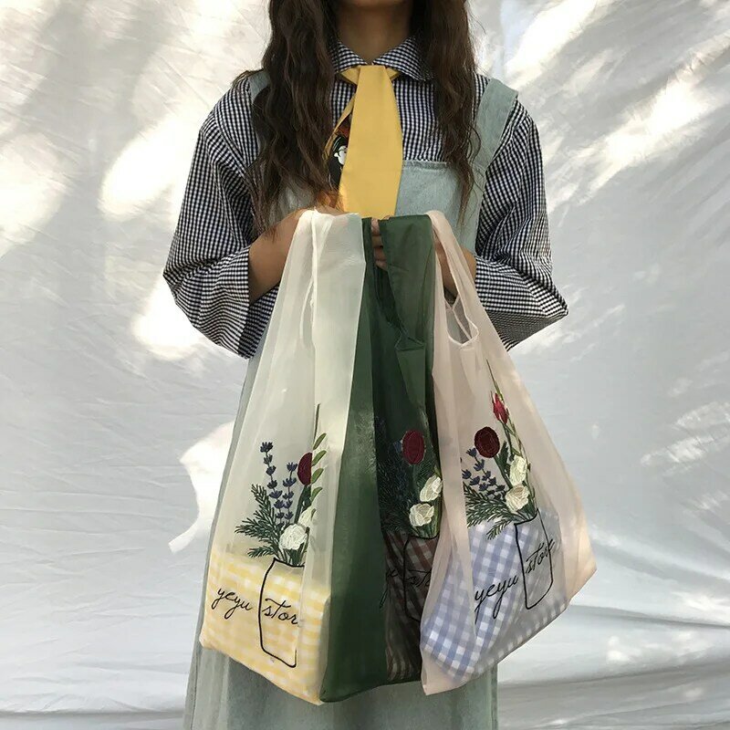 여름 여성 투명한 토트 Organza 원사 천으로 비치 가방 자수 핸드백 여자를위한 고품질 에코 클리어 핸드 가방 지갑