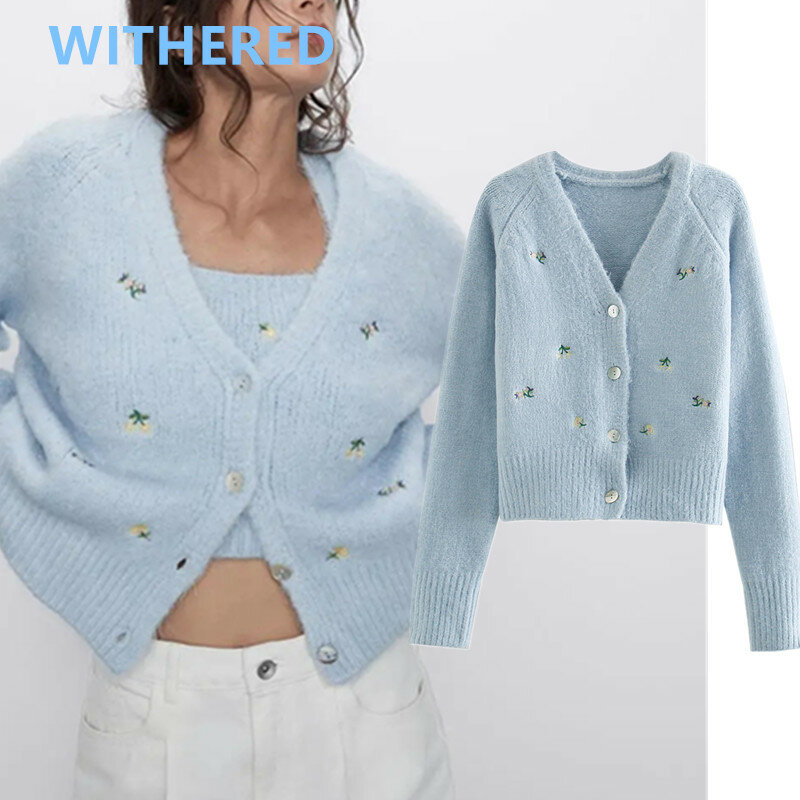Withered 2020 spring england high street vintage floral embrodiery loose single breasted knitting cardigans women jackets tops