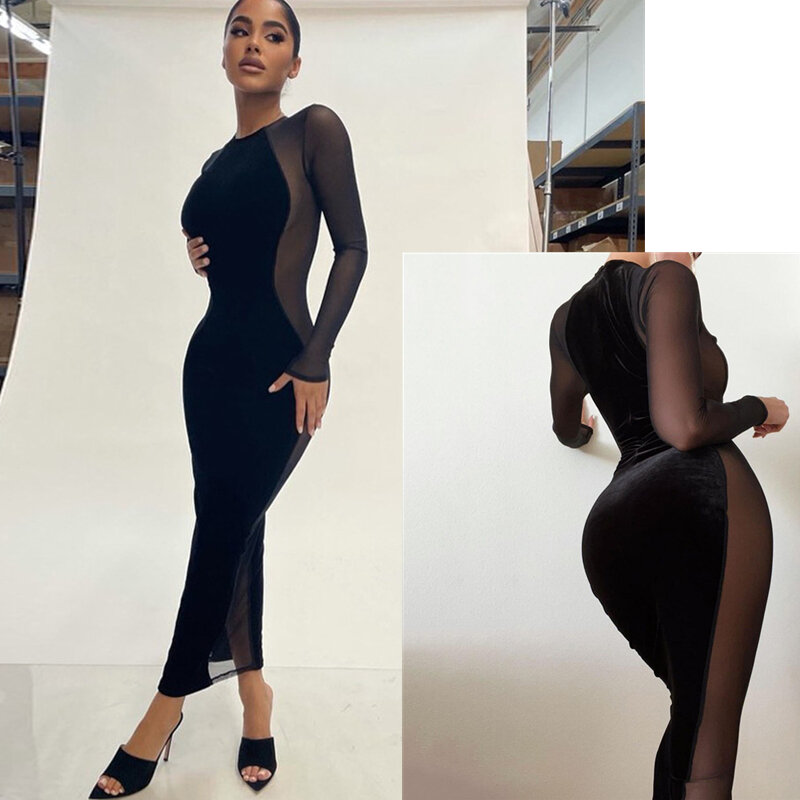 SKMY Dresses For Women 2023 New Autumn Winter Fashion Sexy Perspective Mesh Patchwork Slim Fit Long Sleeve Bodycon Dress Black