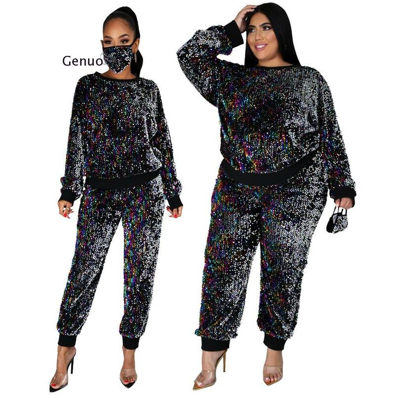 Plus Size Women Clothing Two Piece Set Long Sleeve Pullover Tops Party Sequin Matching Sets Pant Suits Bulk Items Wholesale Lots