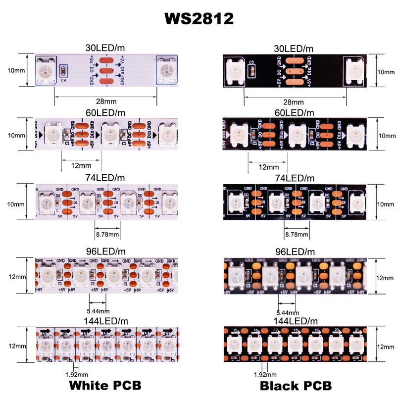 ไฟ LED RGB WS2812B WS2812แถบไฟ LED แยกที่อยู่ได้แบบอัจฉริยะสีดำ/ ขาว PCB IP30สีเมจิก/65/67 DC5V