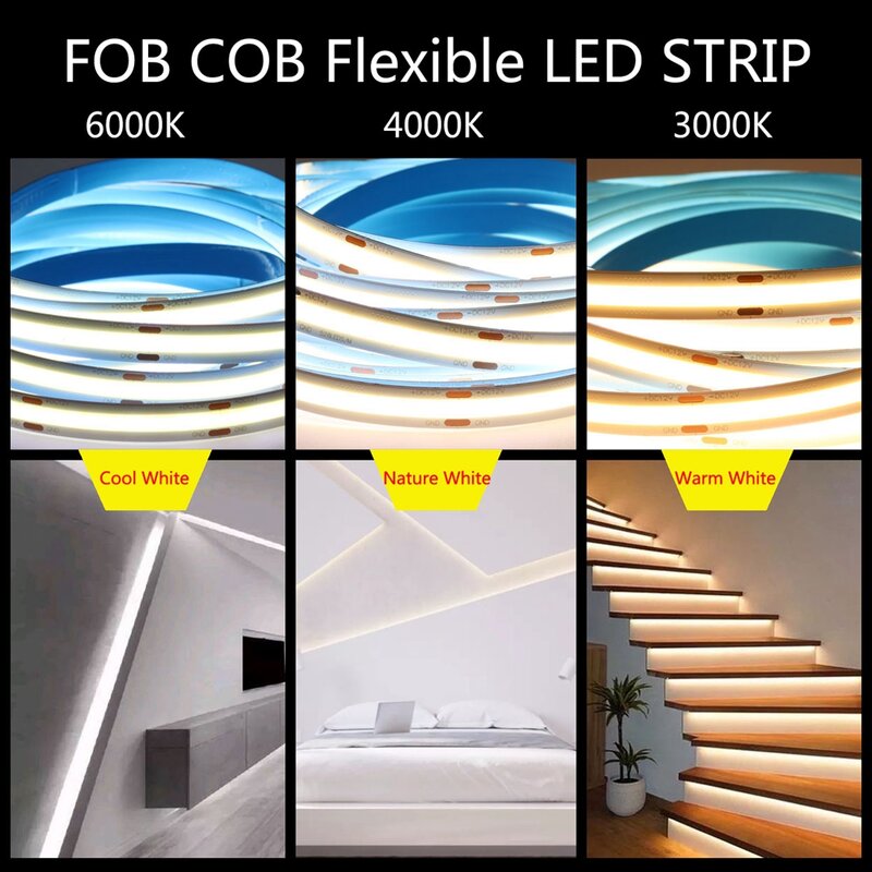고밀도 유연한 조명 테이프, COB LED 스트립, 선형 조도 조절 가능, 자연 흰색, 따뜻한 흰색, 흰색, 파란색, 녹색, 빨간색, 480, 528LEDs/m