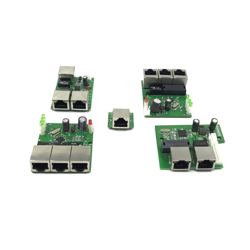 OEM factory direct mini fast 10 / 100mbps 3-port Ethernet network lan hub switch board two-layer pcb 2 rj45 1 * 8pin head port