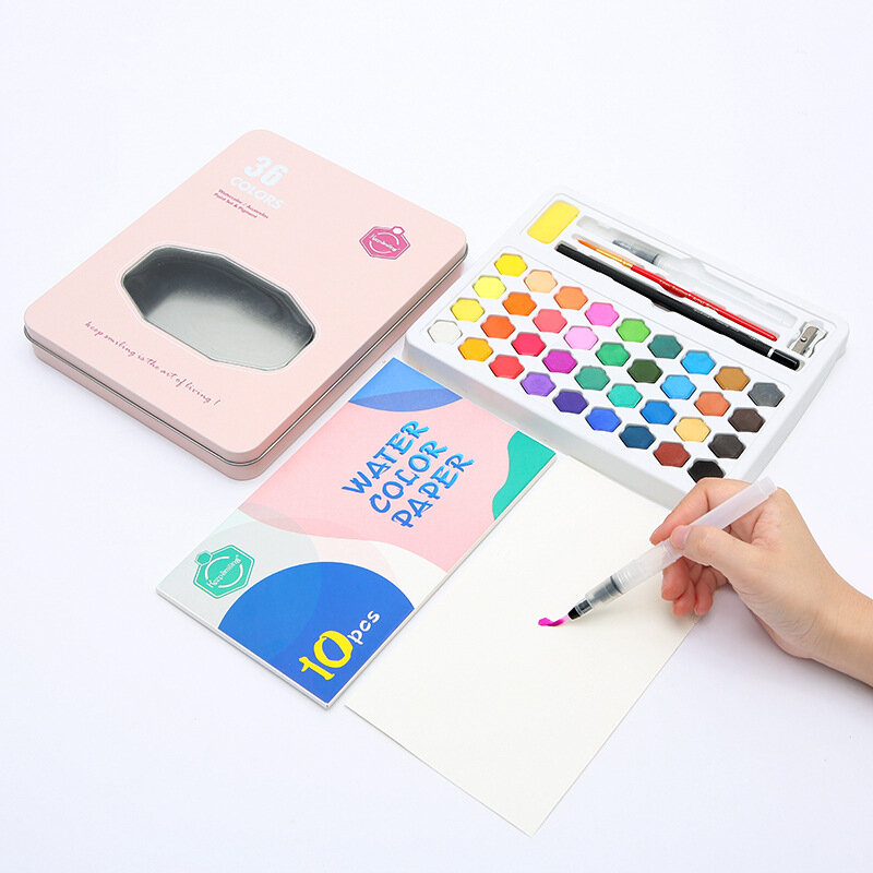 Watercolor Pigment Set 36-color water colour paints for drawing Student Portable paint set Iron Box art supplies for Children