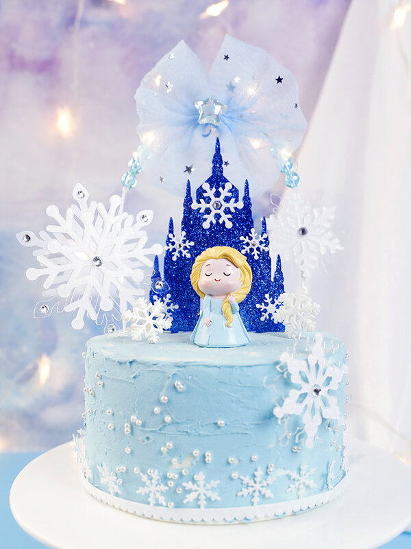 Décorations du Festival de noël et de la série de princesse bleue, utilisation du château joyeux anniversaire, flocons de neige, décoration de gâteau, cadeaux d'amour