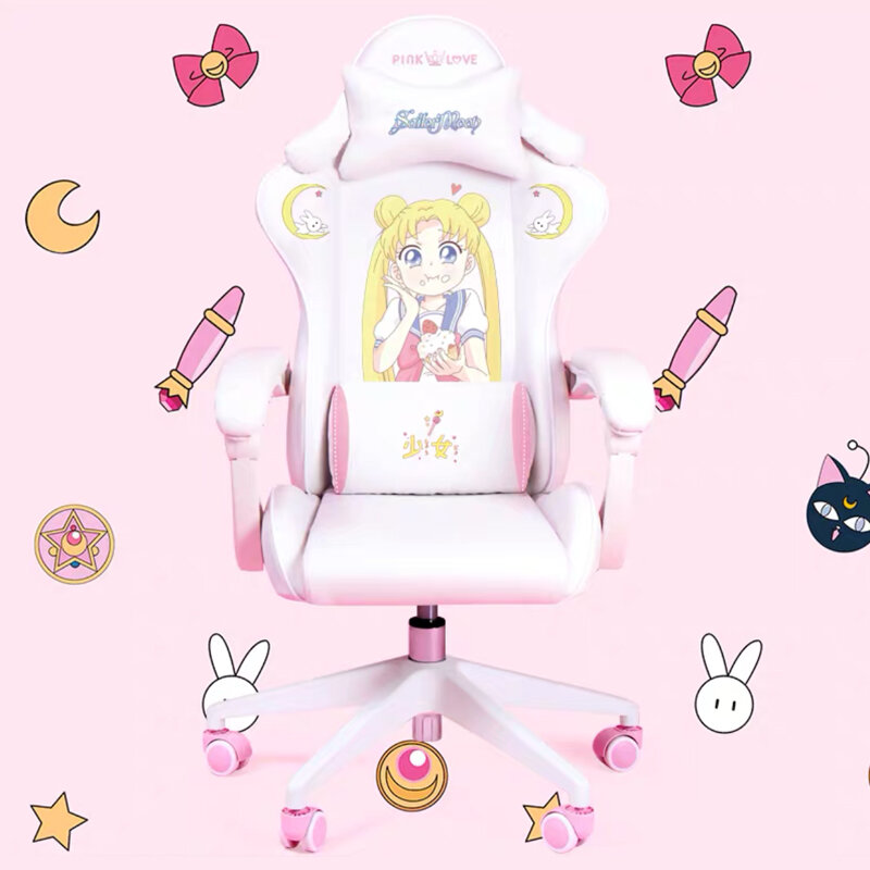 WCG-Cartoon Gaming Chair para meninas, poltrona ajustável, massagem giratória, elevação, computador, escritório, casa, produtos quentes