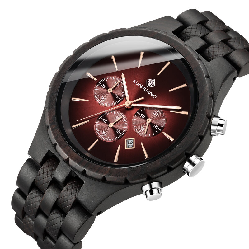 Kunhuang Hout Horloge Man Multi-Functionele Fashion Uurwerk Chronograaf Eenvoudige Puur Hout Horloge Militaire Sport Quartz Horloge