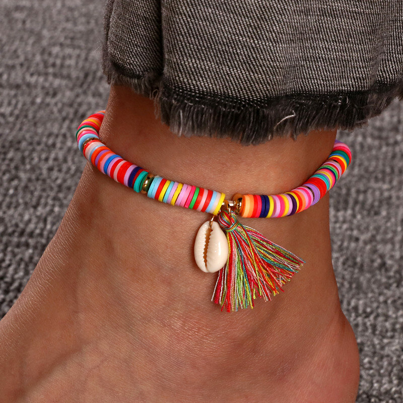 Multicolor miçangas borla tornozeleira da moda boêmia jóias femininas acrílico frisado elástica corrente de tornozelo pulseira corrente
