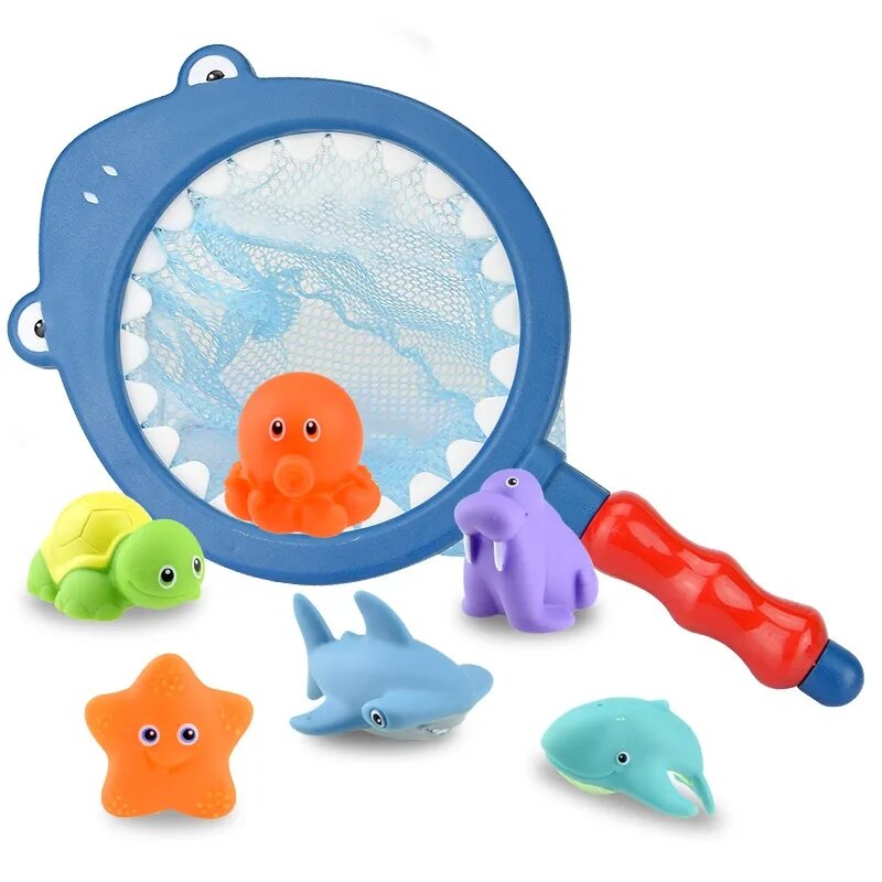 7 pcs/sets brinquedos de pesca rede saco pegar pato & peixe crianças brinquedo classes natação verão jogar água banho boneca spray de água banho brinquedos