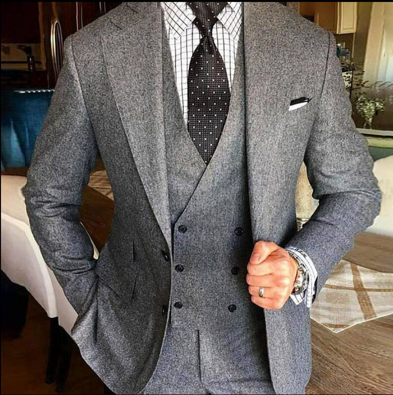 Classic Tweed Suits Voor Mannen Slim Fit Vintage Beste Man Bruidegom Wedding Tuxedo Big Revers Blazer Zakelijke Jas Vest broek 3Pcs