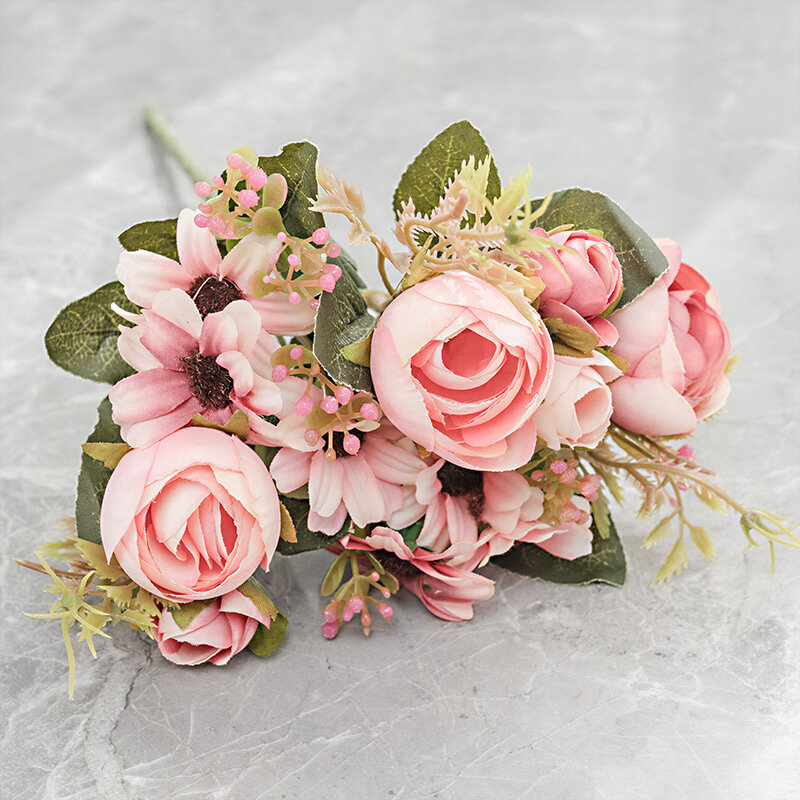 Silk Rose Pink Artificial Flowers Bouquet High Quality Plastic Accessories Home Living Room Wedding Table Decoration Fake Flower