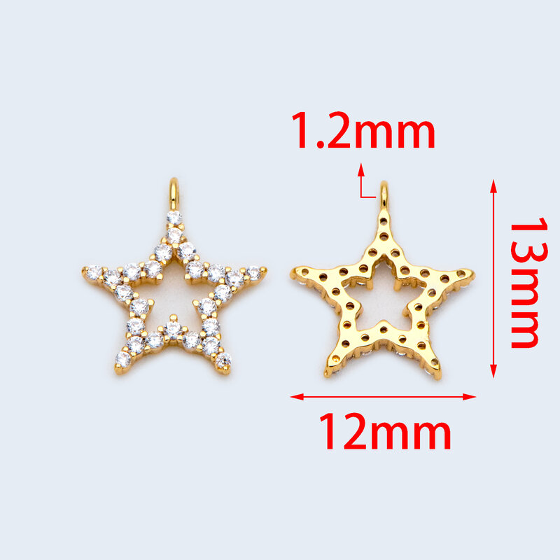 10 buah CZ liontin jimat bintang diasah 12mm, kuningan lapis emas asli, untuk membuat perhiasan persediaan pencarian (GB-1430)