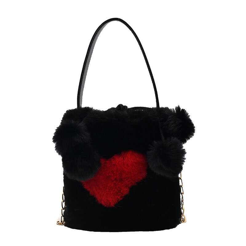 Hand Tas Fluffy Bags Heart Plush Tote Bags Chain Furry Luxury Designer Handbag For Women 2021 New Soft Fur Shoulders Bucket Bags