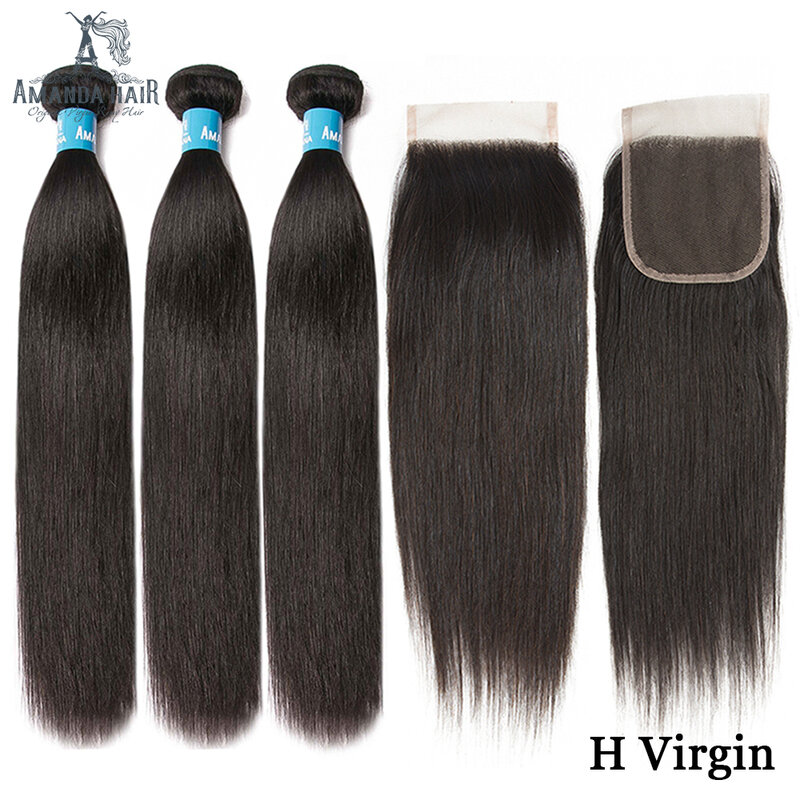 Amanda Double Drawn Hair Bundles with Closure 4x4" Unprocessed Virgin Human Hair Straight Peruvian Hair Bundle with Closure