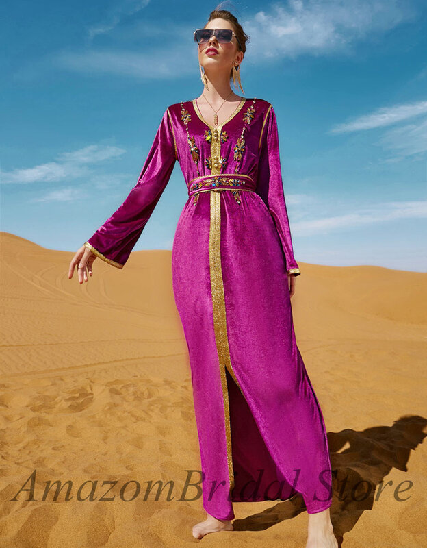 Vestidos de Fiesta de terciopelo para mujer, cosidos a mano árabe con diamantes vestido de noche, vestido largo de noche femenino