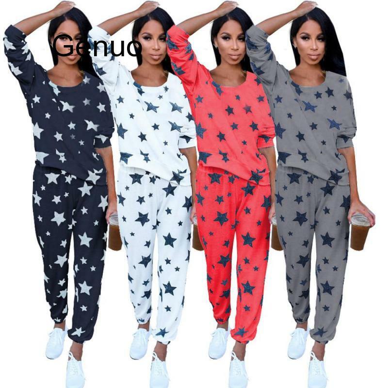 Cute Sexy Women's Pajama Sets Green Red Black White Color With Stars Printed Round Neck Cotton Sweet Pajamas For Ladies