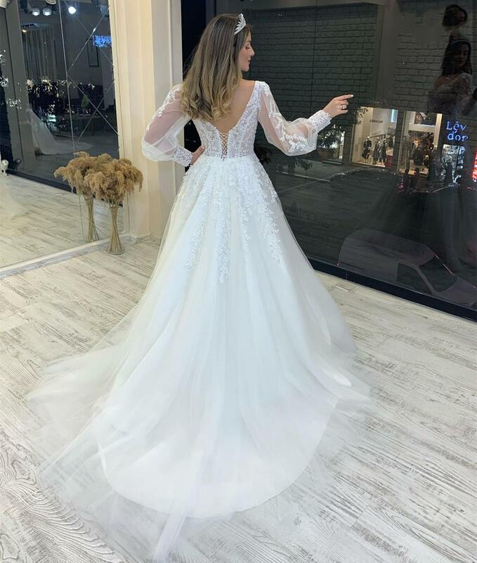 Wedding Dress Gorgeous Long Sleeve A-Line Puff Sleeve Sweep Train Backless Bridal Gowns Lace Beaded Gorgeous Robe De Mariee