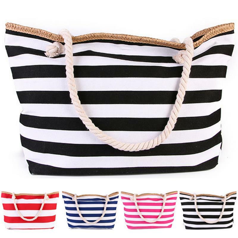 New Beach Tote Bag Fashion Women Canvas Summer Large Capacity Striped Shoulder Bag Tote Handbag Shopping Shoulder Bags