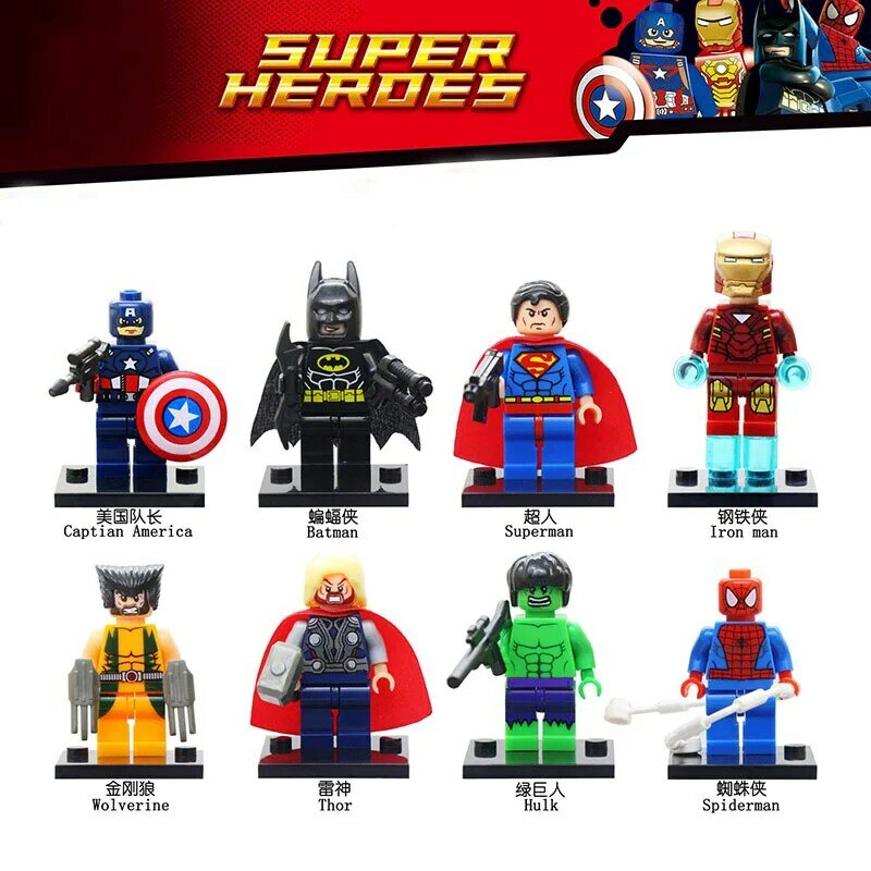 8 sztuk/partia Avengers cudowny Superman Batman Hulk Thor Wolverine Spiderman Ironman klocki rysunek zabawki dla chłopców dzieci prezent