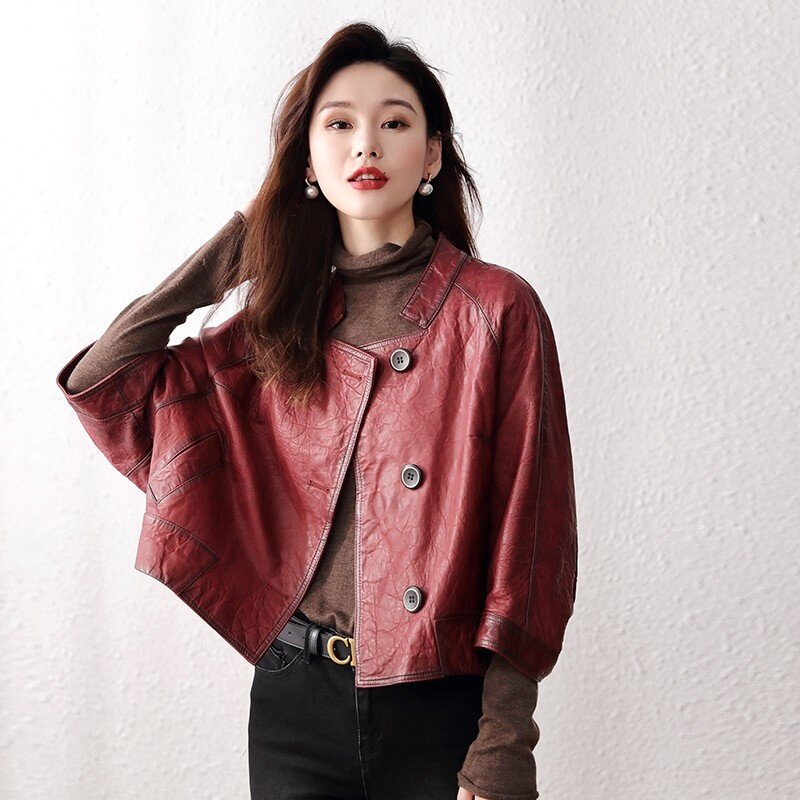 Jaket Kulit Asli Retro Pengendara Sepeda Motor Wanita Korea Mantel Parit Longgar Kulit Domba Pendek Pakaian Luar Lengan Batwing Mewah Wanita