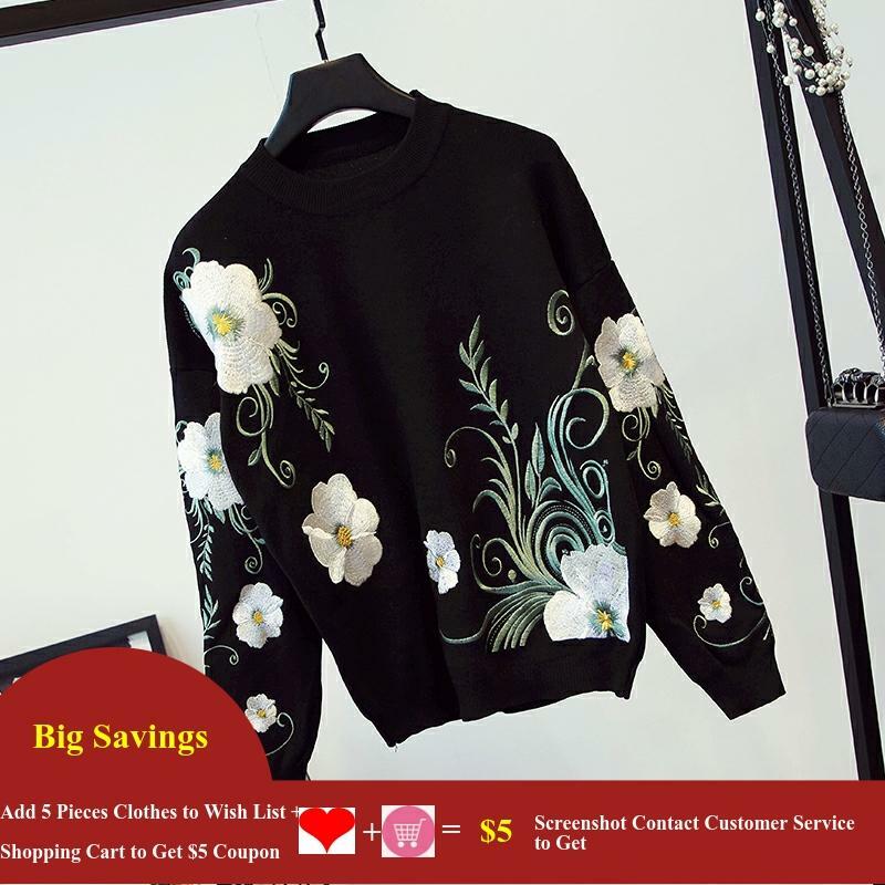Women 2 Piece Pant Set Flower Embroidery Knitted Sweater Pullover Top + Long Pencil Pant Set Casual Tracksuit Outfit  7491