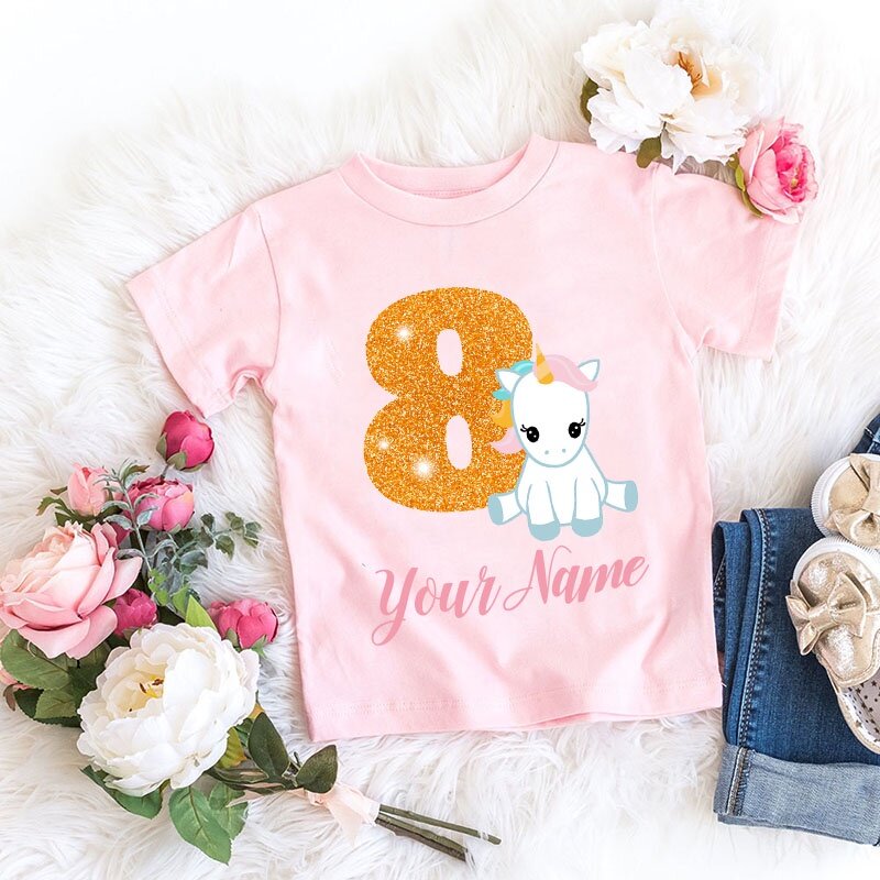 Camiseta de cumpleaños con nombre personalizado para niñas, ropa Kawaii con dibujos animados de unicornio, número 1-9, Verano