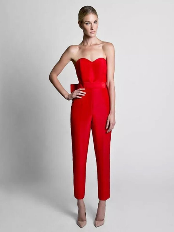 Jumpsuit Màu Đỏ Evening Dresses Với Có Thể Tháo Rời Váy 2021 Sweetheart Trang Phục Chính Thức Quần Phù Hợp Với Prom Đảng Gown Với Bow Không Tay