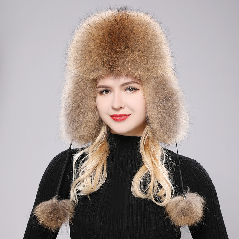 Ushanka-Sombrero de Aviador ruso con orejeras para mujer, gorro de aviador con orejeras de piel de mapache, para esquí y nieve, novedad de 2024, 100%