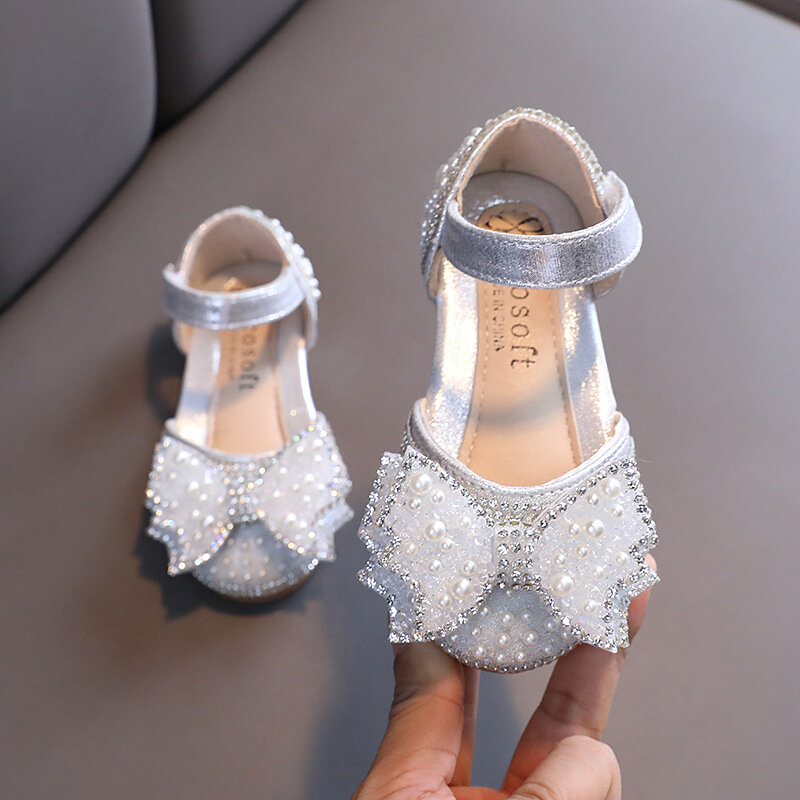 Sandales de princesse plates d'été pour filles, chaussures de fête de mariage pour enfants, à paillettes, avec nœud en strass, E618