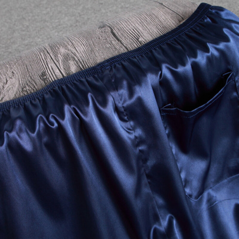 Pijama de cetim de seda artificial masculino, pijama elástico na cintura, calças de bolso, bottoms home, 2021