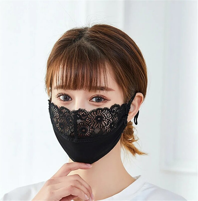Nuova estate protezione solare donne Sexy maschera di pizzo maschera bocca traspirante di seta Anti foschia polvere lavabile riutilizzabile maschera antipolvere femminile