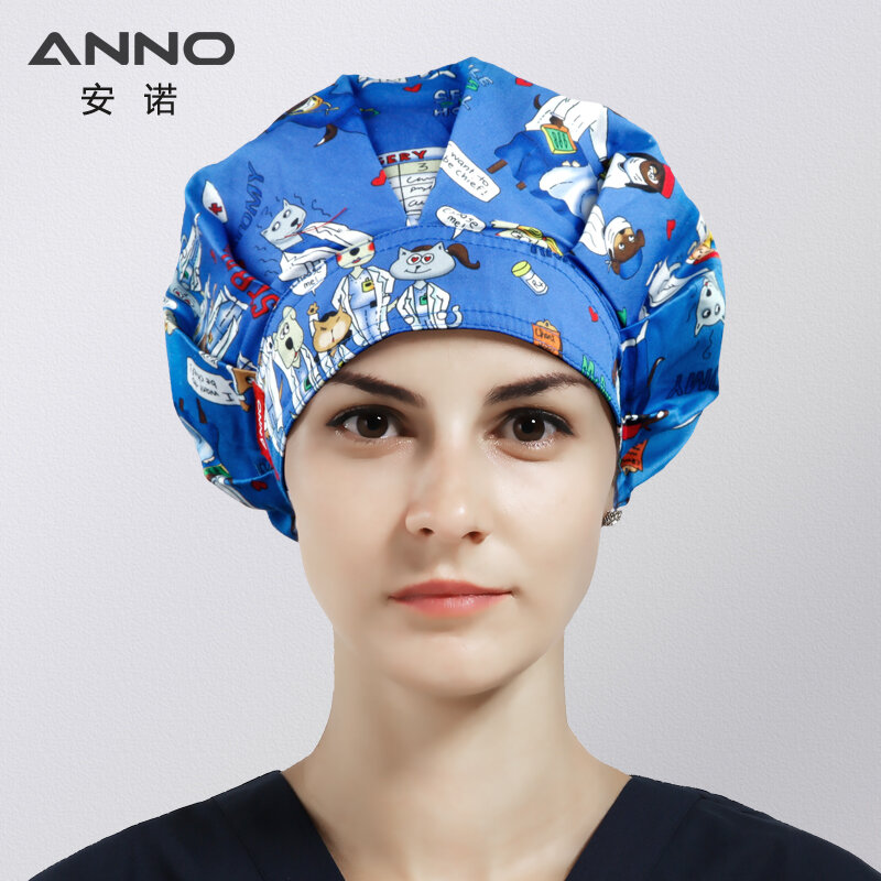 ANNO Katun Topi Wanita Rumah Sakit Dokter Perawat Bekerja Topi Bouffant Cap Perawatan dengan Pita Penahan Keringat Rambut Panjang Kepala Memakai Pemutih