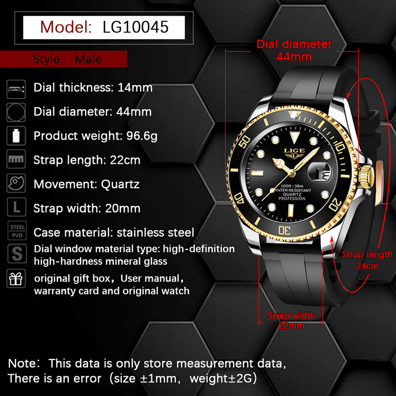 LIGE-Relógio Quartzo Impermeável Masculino, Aço Inoxidável, Ouro, Negócio, Data de 24 Horas, Moda