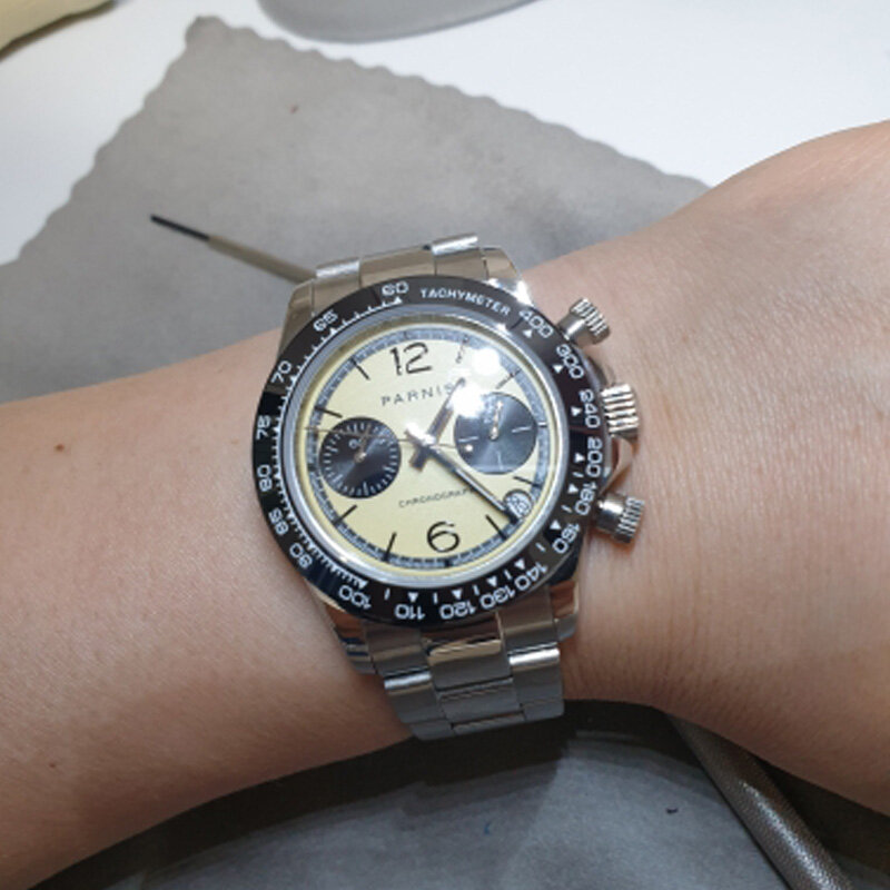 Moda Parnis 39mm żółta tarcza mężczyźni kwarcowy z chronografem zegarek szafirowe szkło VK64 ruch zegarki ze stali nierdzewnej reloj hombre