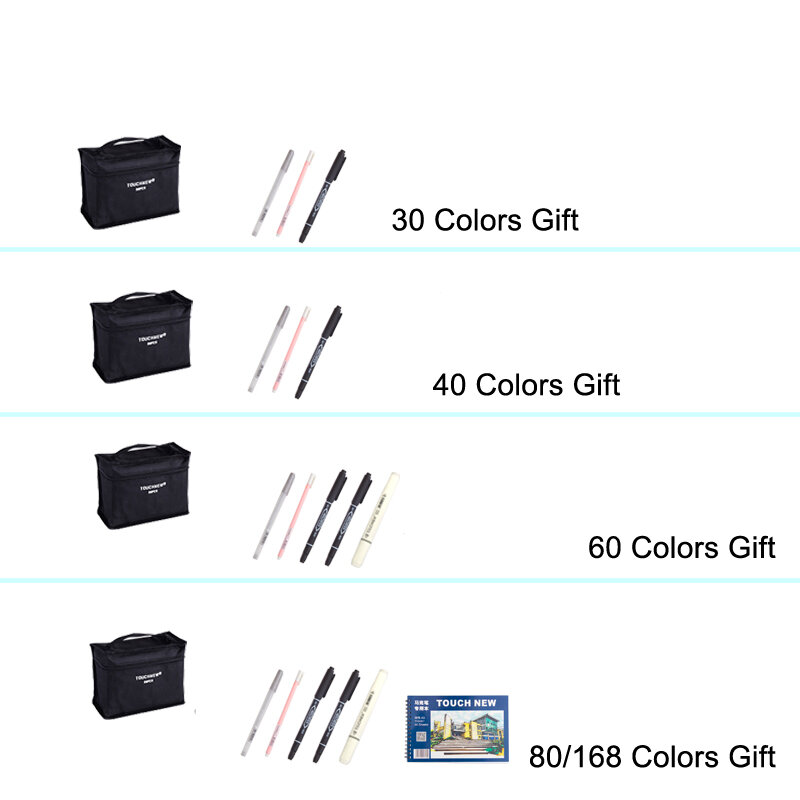 Touchnew 30/40/60/80/168 cores marcadores de esboços para desenho de pintura conjunto de marcador gêmeo álcool tinta material de arte escolar manga