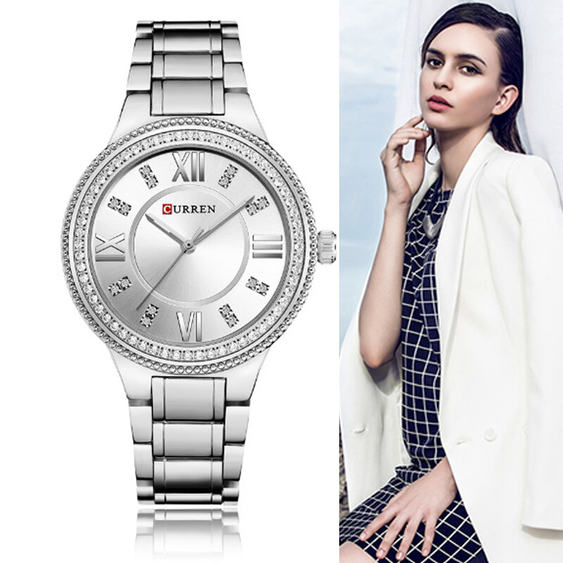 Curren-Reloj de cuarzo para Mujer, pulsera de acero inoxidable plateado, a la moda