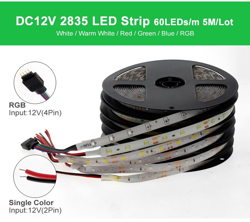 1M 2M 3M 4M 5M กันน้ำ RGB Led Strip Light 2835 DC12V 60Leds/M แสงที่มีความยืดหยุ่นริบบิ้นเทปสีขาว/อบอุ่นสีขาว/สีฟ้า Strip